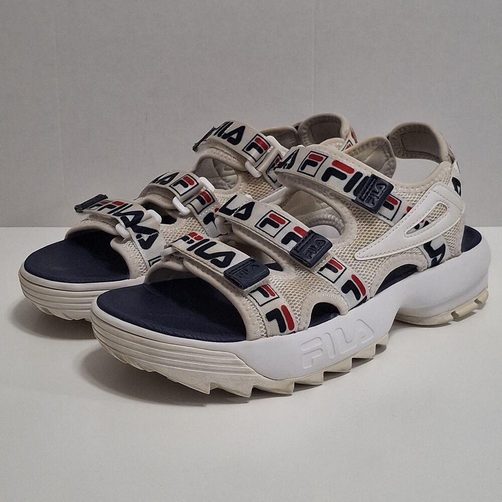 FILA Sandals Womens Size 9 White Strappy Logo Platform Wedge Damage Shoes